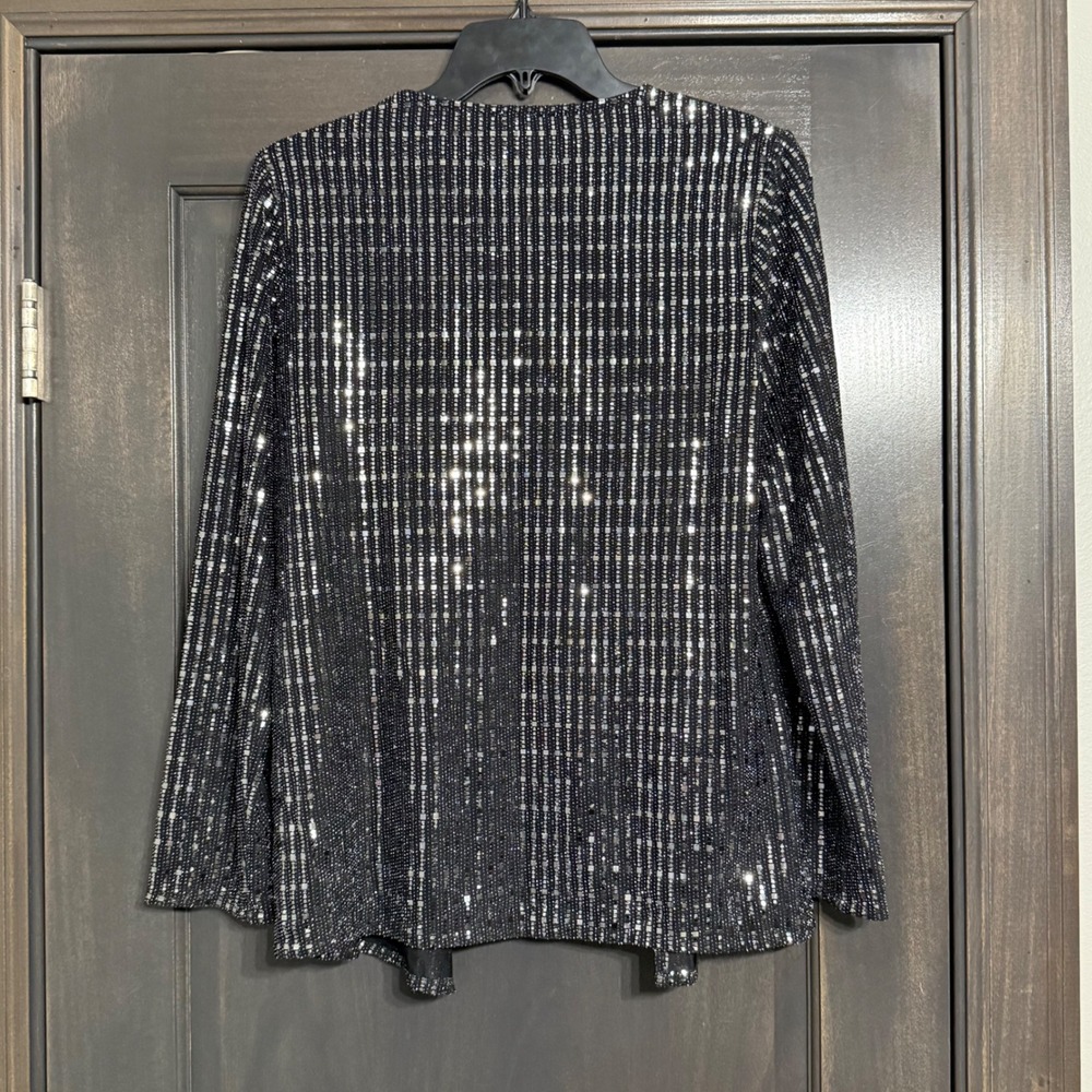 Anne Klein Womens Black Silver Sequin Striped Open Front Cardigan Jacket Medium - Picture 4 of 9